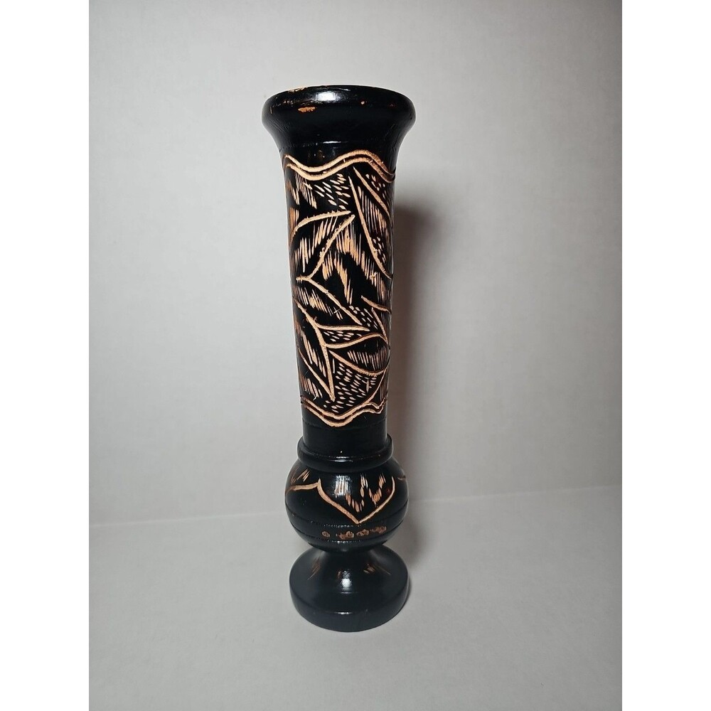 Vintage Dark Brown Hand Carved Wooden Pedastal Vase
